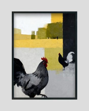 Modern painting of a rooster and hen with geometric abstract background in yellow, green, white, and black.