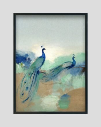 Abstract painting of two blue peacocks perched on a branch, featuring soft teal, blue, and earthy tones with textured brushstrokes.