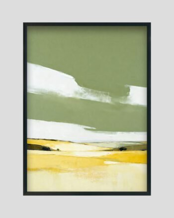 Minimalist abstract landscape painting with olive-green sky, white layers, and yellow fields.