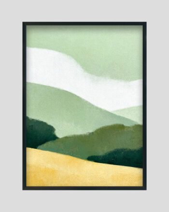 Minimalist pastel landscape painting with green hills, white wave band, and yellow field.
