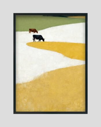 Minimalist cow landscape painting with grazing cows on green, white, and golden-yellow fields.