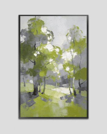 Abstract forest landscape painting with soft green and grey tones, featuring textured brushstrokes and a calm, airy atmosphere.