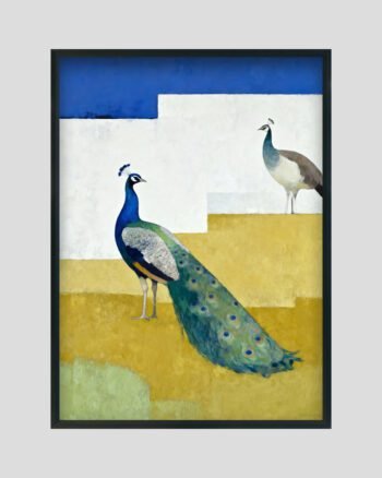 Minimalist painting of two peacocks with geometric blue, white, and golden landscape background.