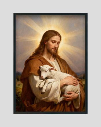Jesus holding a lamb painting – sacred Christian wall art in warm golden light