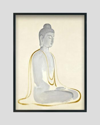 Serene Golden Aura Buddha painting – minimalist grey and gold Buddha wall art in modern frame