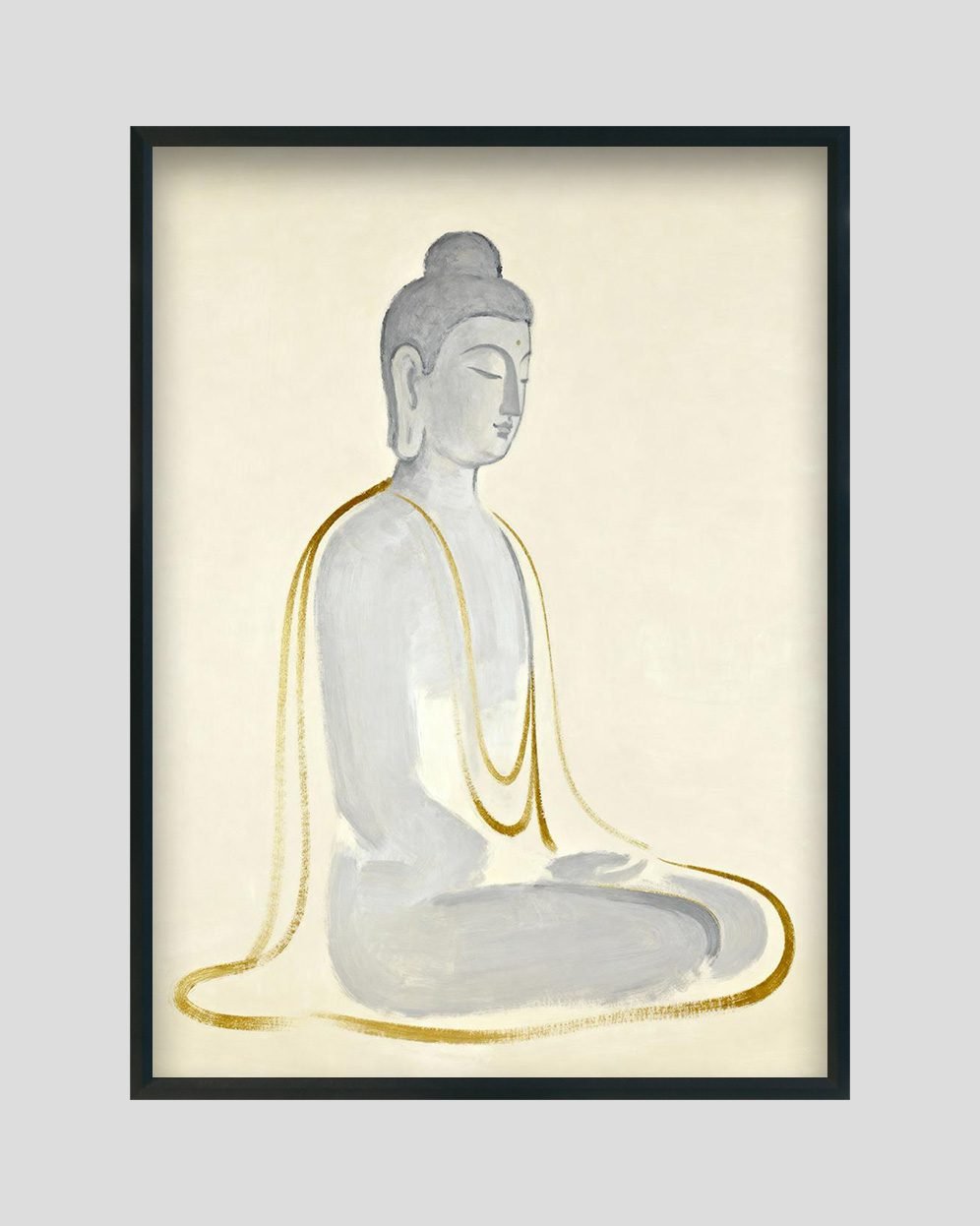 Serene Golden Aura Buddha painting – minimalist grey and gold Buddha wall art in modern frame