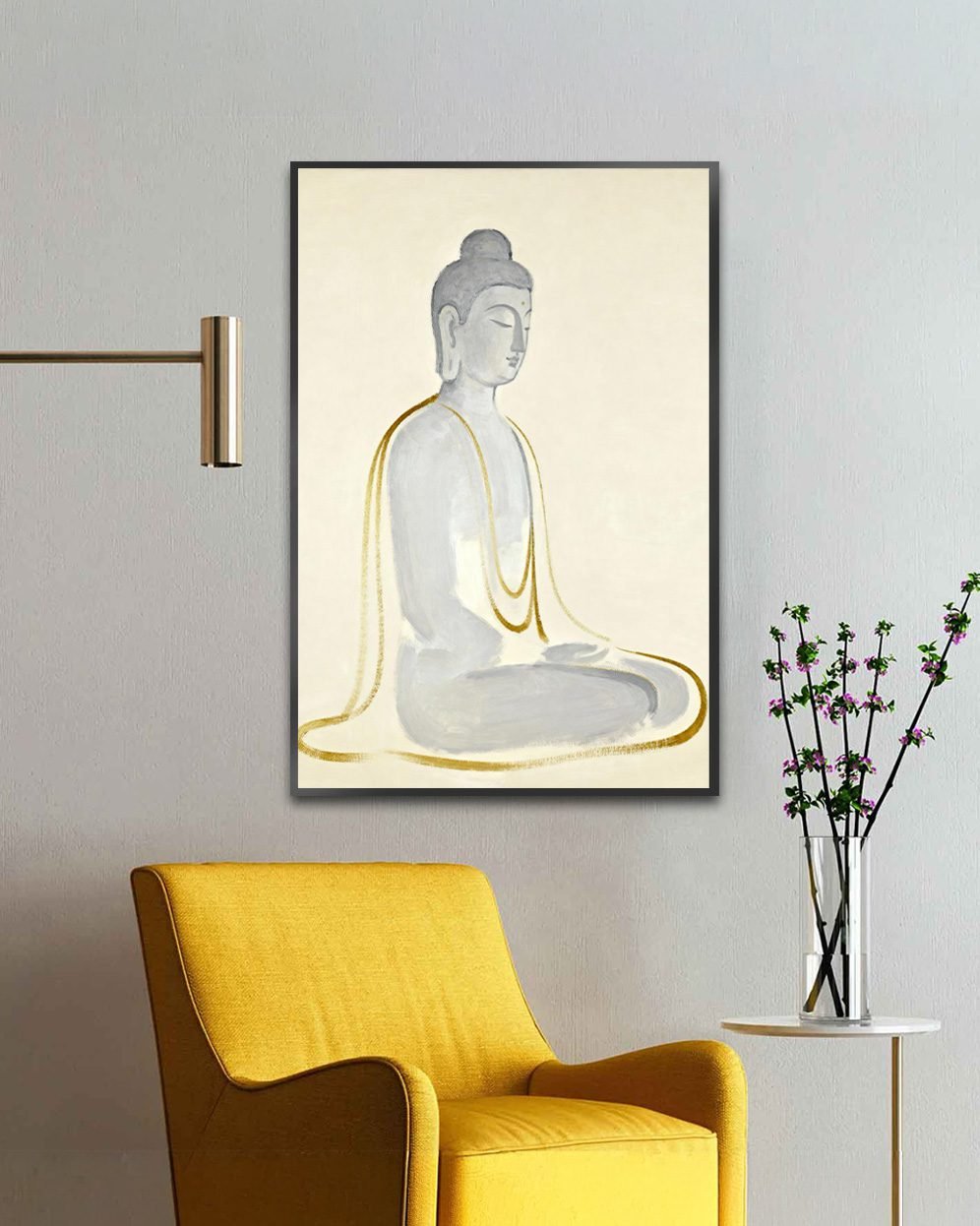 Minimalist grey Buddha artwork with golden highlights – spiritual wall decor