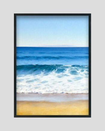Ocean wave landscape painting with blue sea, white surf, and golden sandy beach under a clear sky.