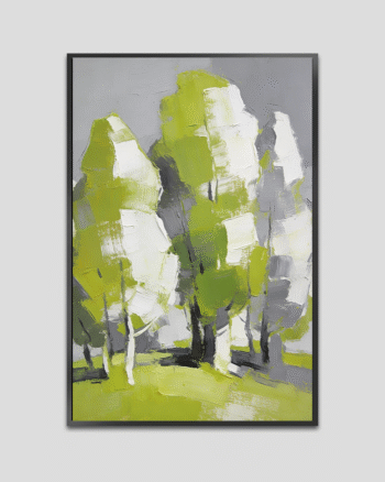 Abstract landscape painting with soft green and grey tones, featuring stylized trees and a calm, minimalist natural setting.