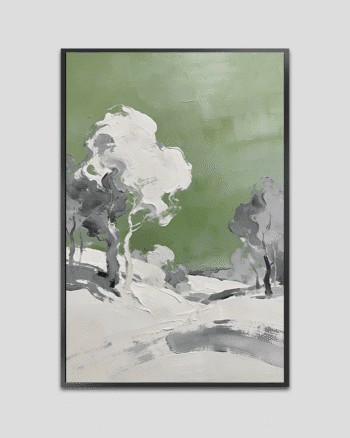 Abstract winter landscape painting with soft green and grey tones, featuring minimalist trees and a calm, peaceful atmosphere.