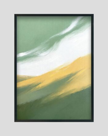 Abstract minimalist landscape painting with flowing sage green, white, and golden brushstrokes.