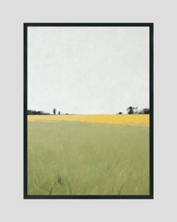 Minimalist landscape artwork featuring soft green and yellow meadows with a gentle horizon line, creating a calm and contemporary nature-inspired composition.
