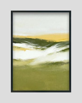 Abstract landscape painting with green hills, golden horizon, and flowing white brushstrokes.