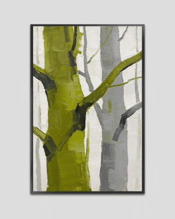 Abstract tree painting with textured green and grey tones, featuring a minimalist forest-inspired composition.