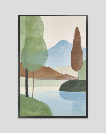 Minimalist landscape painting with soft green trees, calm water, and pastel hills in a serene natural setting.