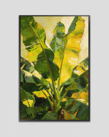 Abstract banana leaf painting with vibrant green and golden yellow tones, featuring textured brush strokes and a warm tropical glow.