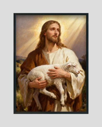 Jesus holding a lamb under divine light – The Good Shepherd Christian wall art