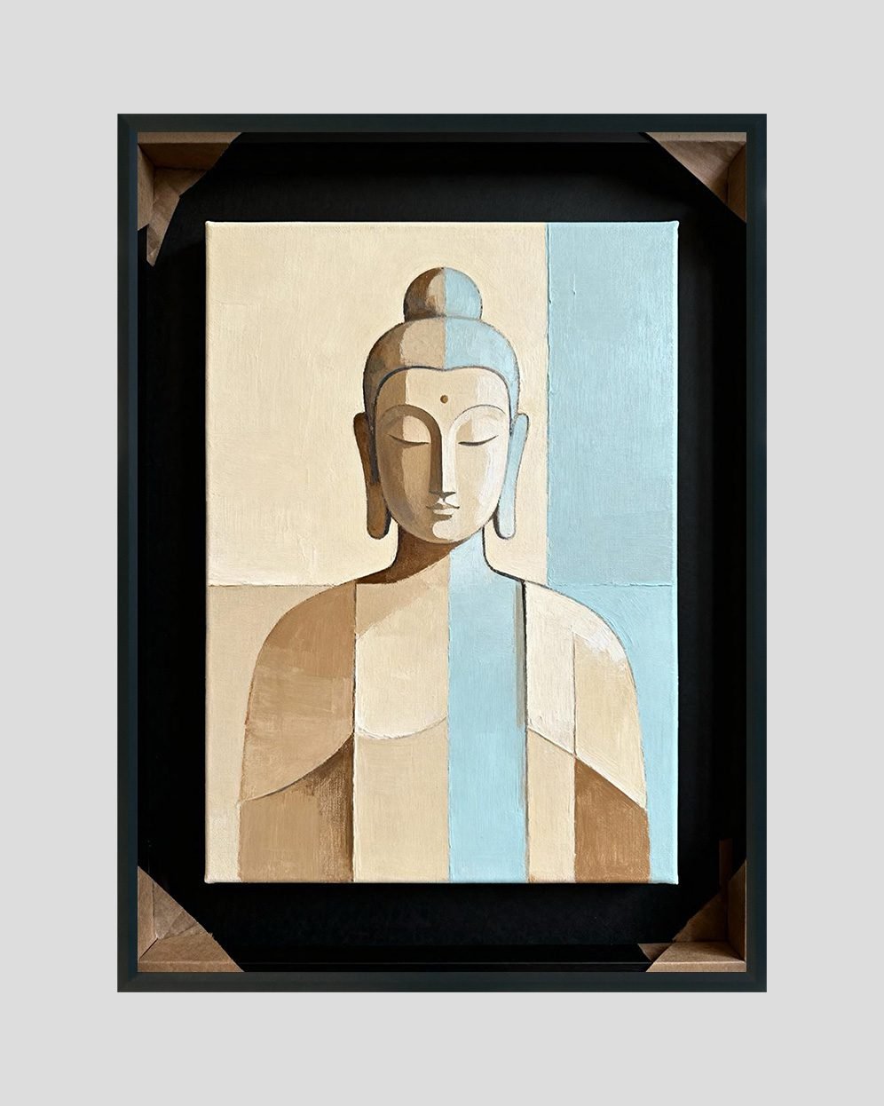 Minimalist Buddha Painting – Modern Spiritual Wall Art in Beige and Blue Tones