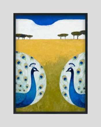 Modern peacock painting featuring two blue peacocks with detailed feathers set against a golden field and minimal landscape.