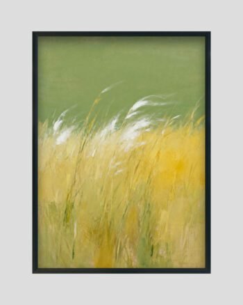 Abstract painting of golden grass blowing in the wind with soft olive-green sky.