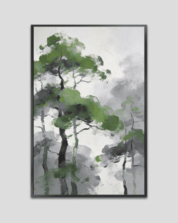 Abstract pine tree painting with soft green and grey tones, featuring a calm and minimalist forest scene.