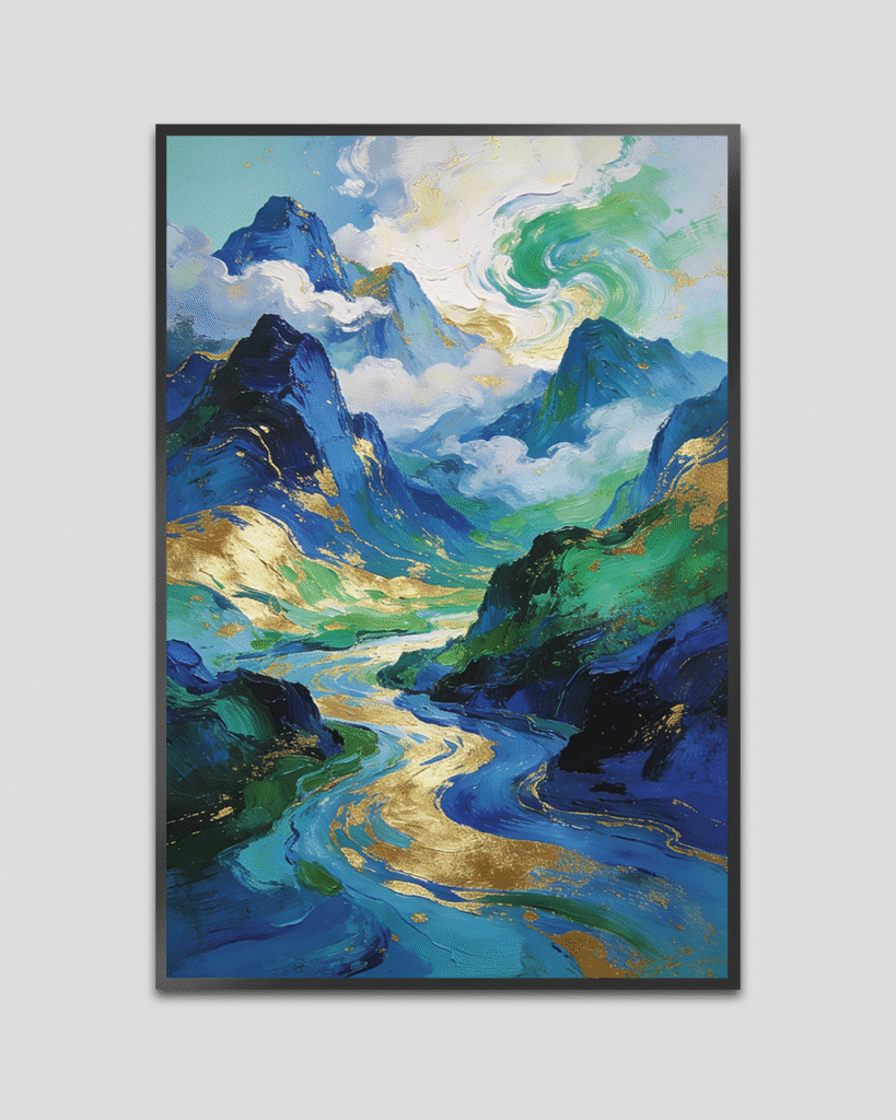 Vibrant abstract mountain painting with swirling sky, emerald valleys, blue rivers and gold highlights.