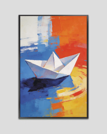Abstract painting of a white paper boat floating on blue water with warm orange and yellow background in textured acrylic style.