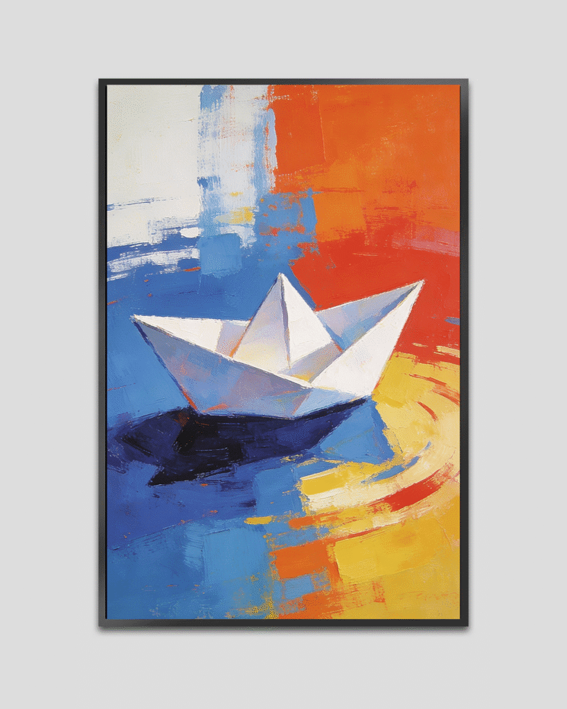 Abstract painting of a white paper boat floating on blue water with warm orange and yellow background in textured acrylic style.