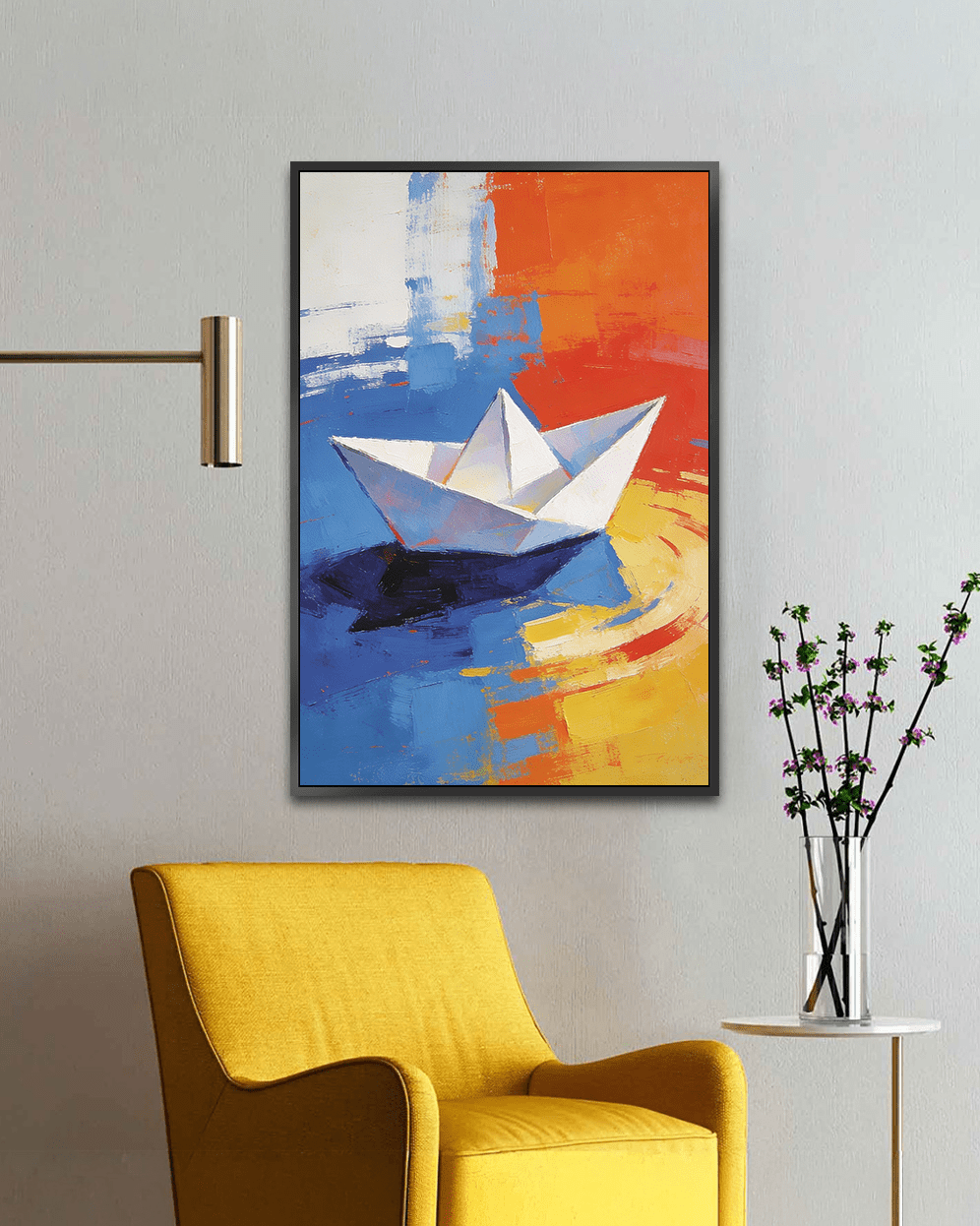 Abstract painting of a white paper boat floating on blue water with warm orange and yellow background in textured acrylic style.