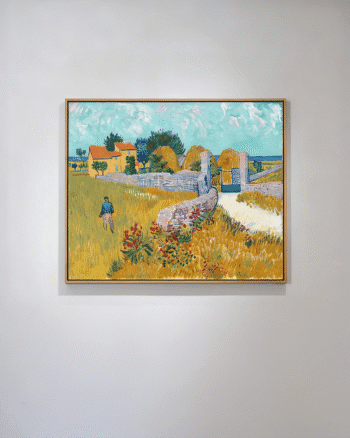 Farmhouse in Provence painting by Vincent van Gogh showing rural fields, stone wall, and countryside landscape.