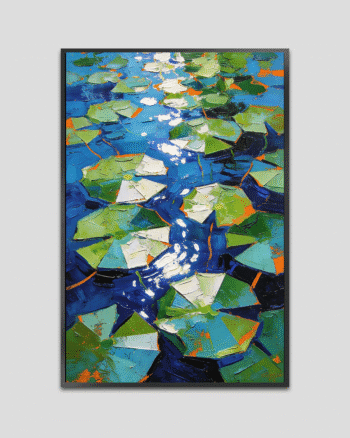 Abstract impasto painting of floating green shapes over flowing blue water, inspired by water lilies with thick acrylic texture and palette knife strokes.
