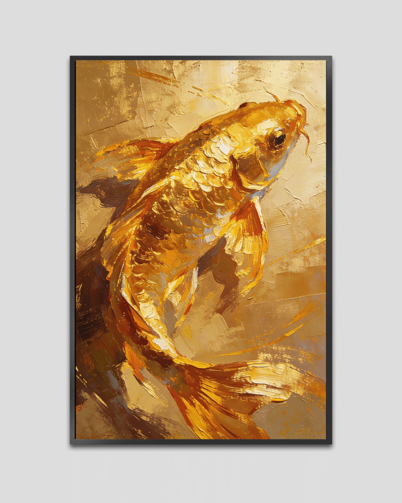 Abstract painting of a golden koi fish with textured acrylic strokes in warm gold and brown tones.