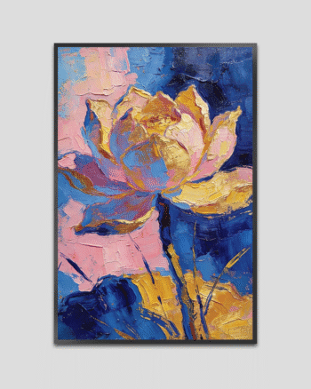 Textured abstract lotus painting in blue, pink, and gold tones on canvas.