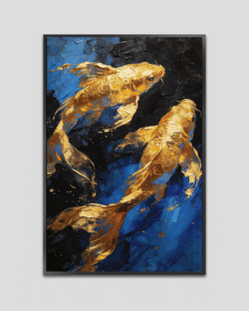 Abstract painting of two golden koi fish swimming in deep blue water with thick acrylic texture and impasto brush strokes.