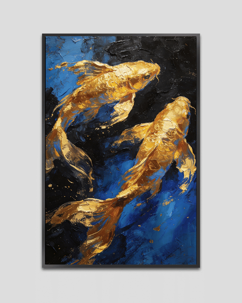 Abstract painting of two golden koi fish swimming in deep blue water with thick acrylic texture and impasto brush strokes.