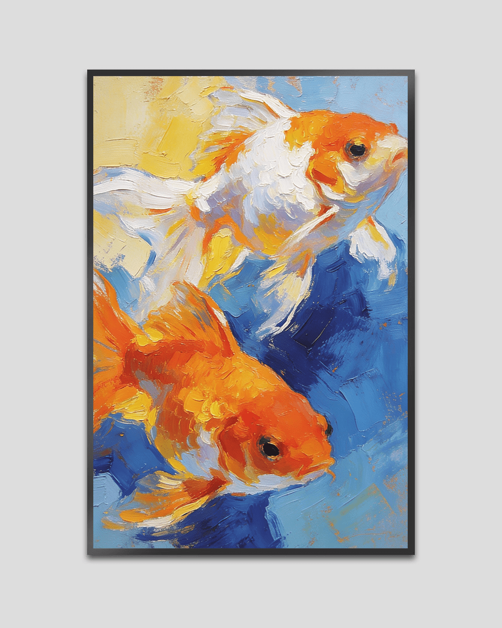 Abstract painting of two goldfish swimming in blue water with orange and white textured acrylic brushstrokes.