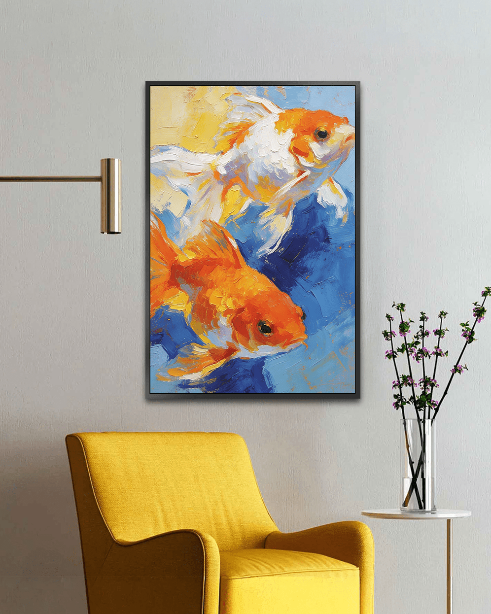 Abstract painting of two goldfish swimming in blue water with orange and white textured acrylic brushstrokes.