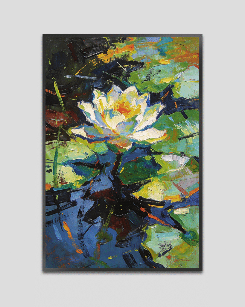 Abstract lotus painting with water lilies in bold blue, green, and yellow brushstrokes on canvas.
