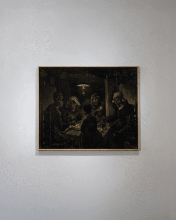 The Potato Eaters painting by Vincent van Gogh showing a family gathered around a table eating under a lamp.