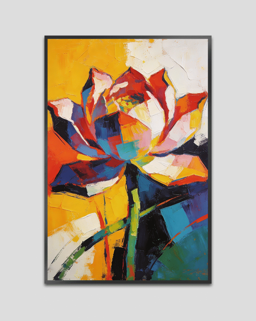 Abstract colorful lotus painting in bold red, blue, yellow, and white tones on canvas