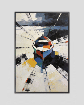 Abstract textured boat painting with radiating brush strokes on white and navy background