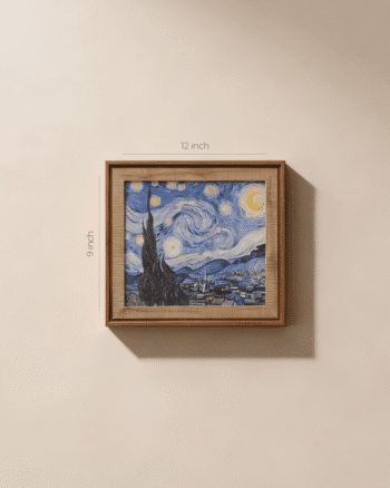The Starry Night painting by Vincent van Gogh showing swirling blue night sky with bright stars and village below.