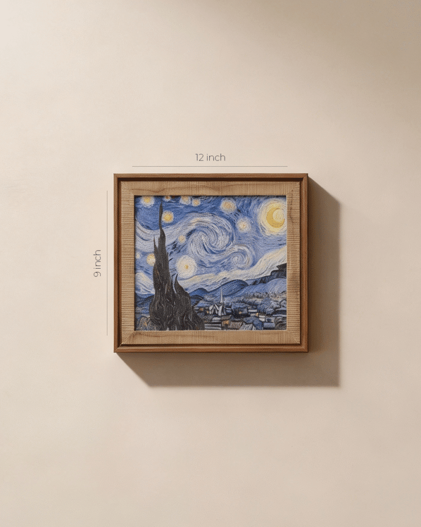 The Starry Night painting by Vincent van Gogh showing swirling blue night sky with bright stars and village below.