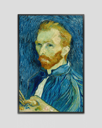 Self-portrait of Vincent van Gogh featuring expressive brushstrokes, intense gaze, and blue textured background in post-impressionist style.