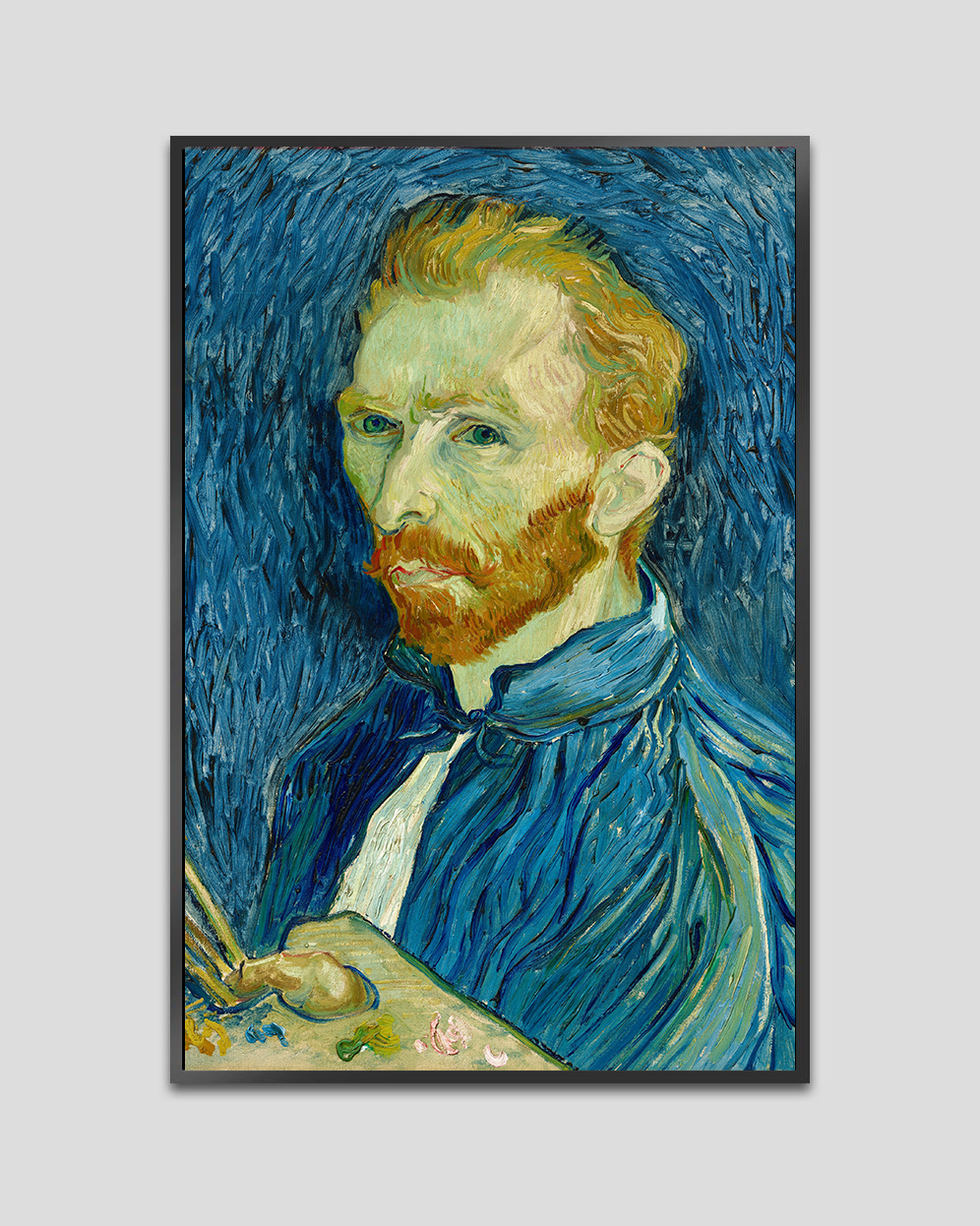 Self-portrait of Vincent van Gogh featuring expressive brushstrokes, intense gaze, and blue textured background in post-impressionist style.