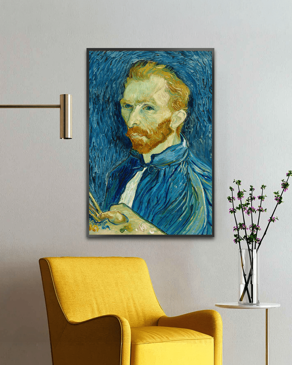 Self-portrait of Vincent van Gogh featuring expressive brushstrokes, intense gaze, and blue textured background in post-impressionist style.