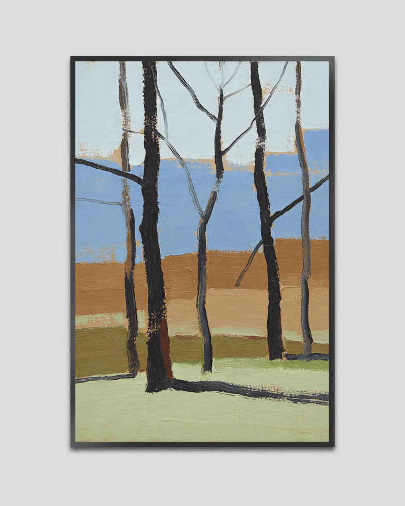 Minimal abstract tree landscape painting with bare trunks in earthy tones and soft blue sky.
