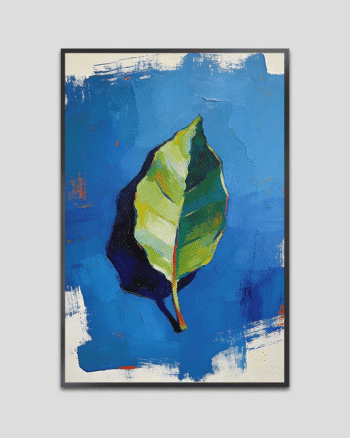 Green Leaf Abstract Painting on Blue Background