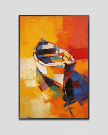 Colorful Abstract Boat Painting on Yellow and Orange Background – Textured Acrylic Wall Art