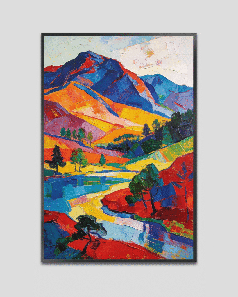 Abstract colorful mountain valley painting with vibrant brush strokes, flowing river, and expressive landscape tones displayed in a modern interior.